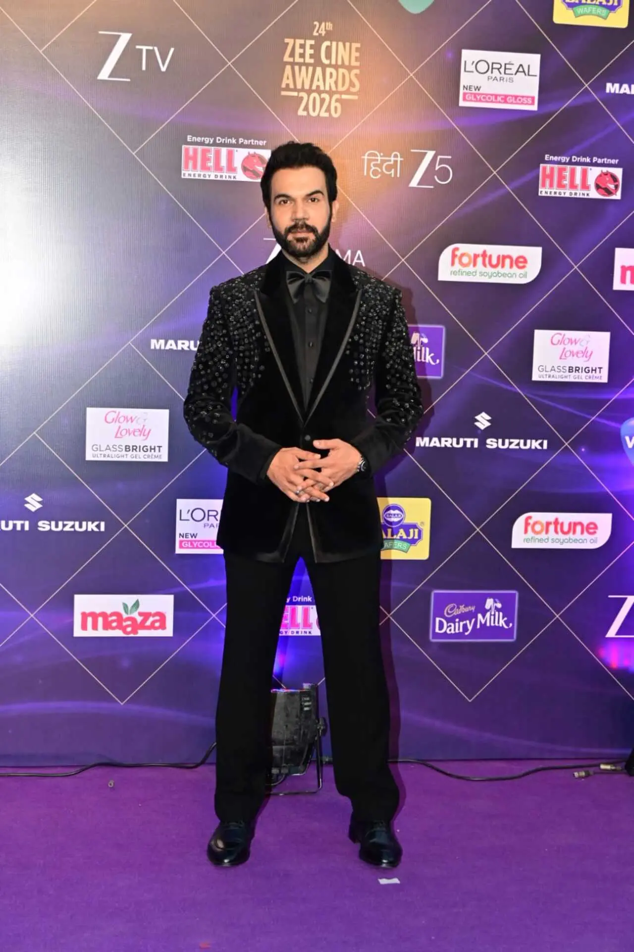 Rajkummar Rao was seen at an event in the city decked up in a black tuxedo paired with a plack shirt.